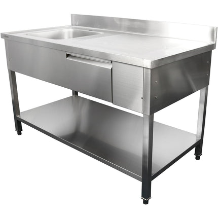 Commercial Sink Stainless Steel 1200x600x950mm 1 Bowl To The Left 1 Drawer Splashback | Dsa120601 Dl