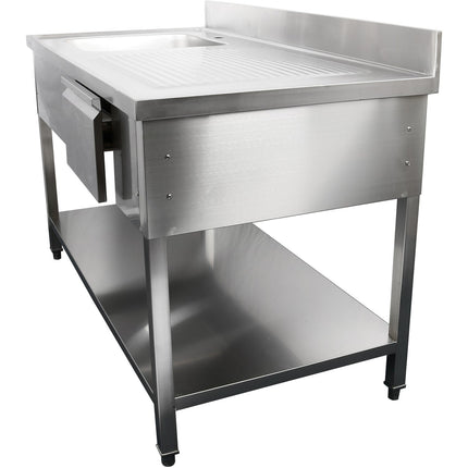 Commercial Sink With 1 Drawer Stainless Steel 1 Bowl Left Bottom Shelf Splashback 1400x600x950mm | Dsa140601 Dl