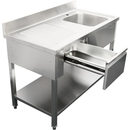Commercial Sink With 1 Drawer Stainless Steel 1 Bowl Right Bottom Shelf Splashback 1400x600x950mm | Dsa140601 Dr