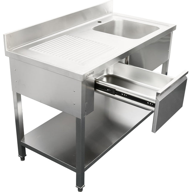 Commercial Sink With 1 Drawer Stainless Steel 1 Bowl Right Bottom Shelf Splashback 1400x600x950mm | Dsa140601 Dr