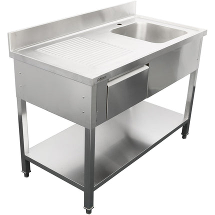 Commercial Sink With 1 Drawer Stainless Steel 1 Bowl Right Bottom Shelf Splashback 1400x600x950mm | Dsa140601 Dr