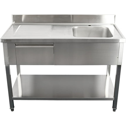 Commercial Sink With 1 Drawer Stainless Steel 1 Bowl Right Bottom Shelf Splashback 1400x600x950mm | Dsa140601 Dr