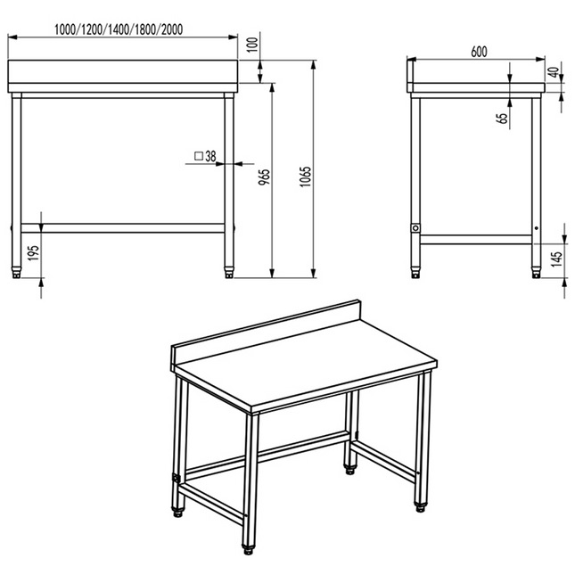 Professional Work Table Stainless Steel No Bottom Shelf Upstand 2000x600x965mm |  Dw6200