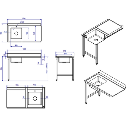 Loading Table Left Side 1200x650x850mm With Sink With Splashback Stainless Steel | Dwita1265 L