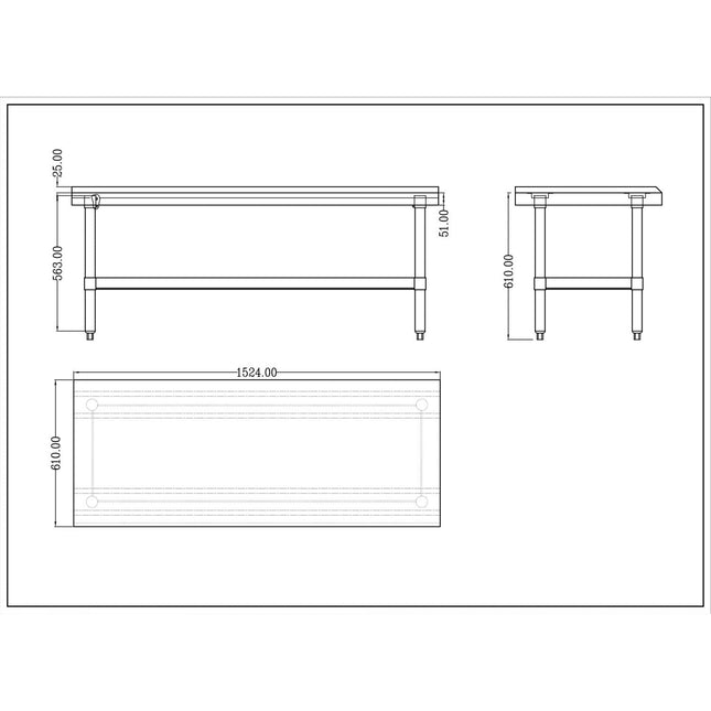 Commercial Equipment Stand / Low Height Table Stainless Steel Bottom Shelf 3 Side Upstand 1500x600x600mm |  Ees2460