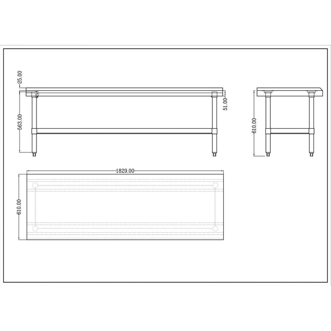 Commercial Equipment Stand / Low Height Table Stainless Steel Bottom Shelf 3 Side Upstand 1800x600x600mm |  Ees2472