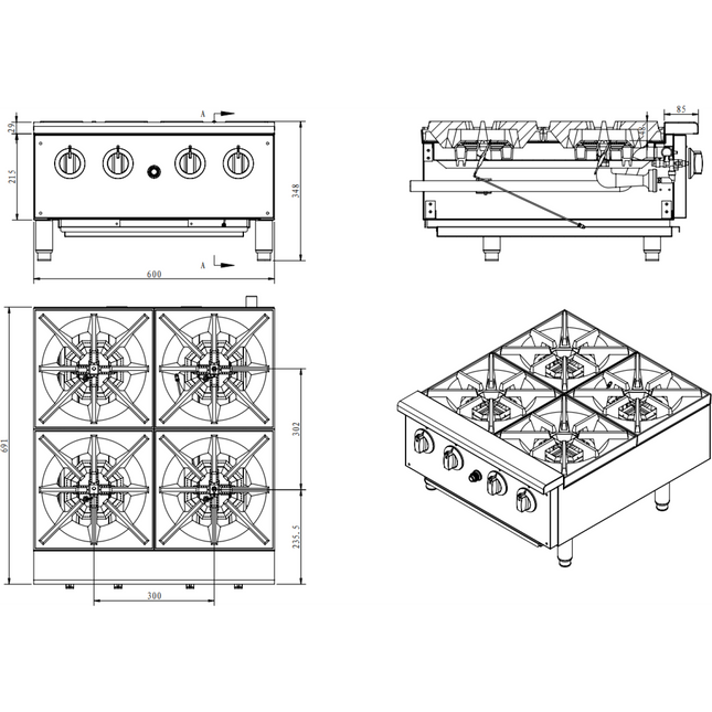Professional Gas Hotplate Cooker 4 Burners 28k W Countertop |  Ehp4 S