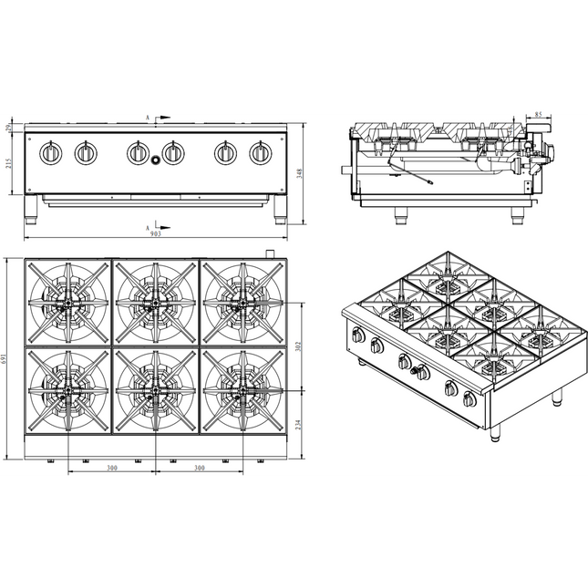 Professional Gas Hotplate Cooker 6 Burners 42k W Countertop |  Ehp6 S