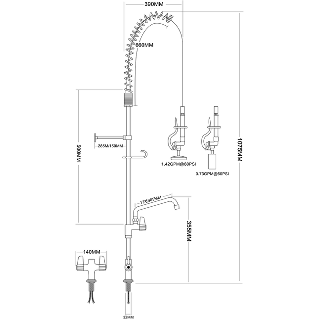 Pre Rinse Spray Unit With Swing Faucet Deck Mount Double Inlet Height 1000mm Stainless Steel |  Eq2801 A12