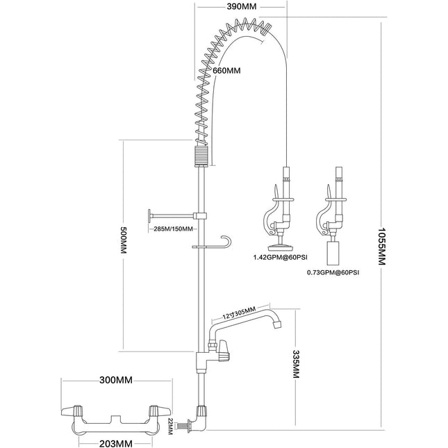 8&Quot; Wall Mount Commercial Pre Rinse Faucet With Flexible Hose &Amp; Spray Valve &Amp; 12&Quot; Swing Nozzle Chrome Plated Brass | Eq2802 A12
