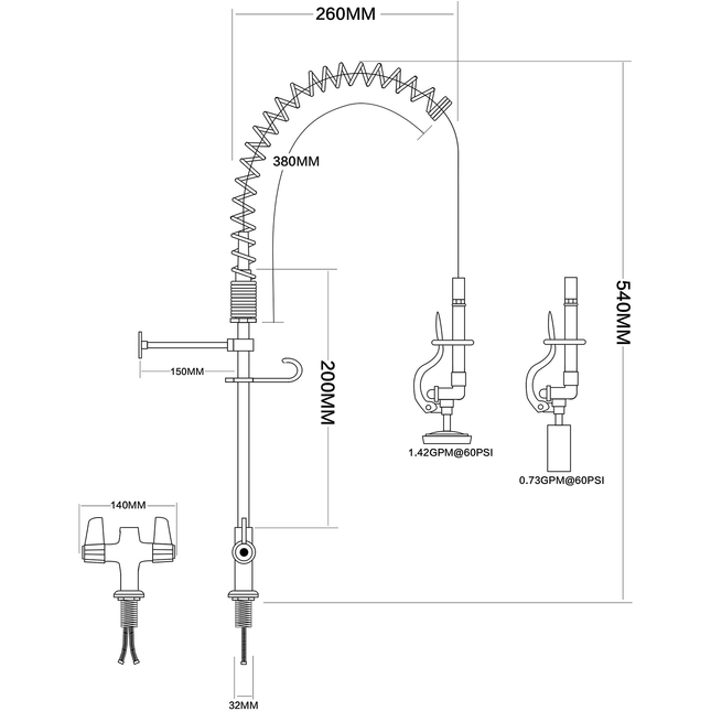 Pre Rinse Spray Unit Deck Mount Double Inlet Height 600mm Stainless Steel |  Eq7801 A