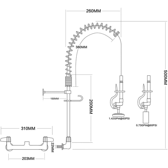 Pre Rinse Spray Unit Wall Mount Double Inlet Height 500mm Stainless Steel |  Eq7802 A