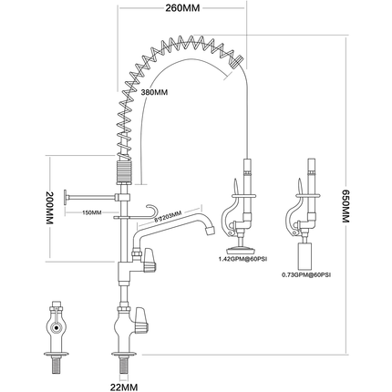 Pre Rinse Spray Unit With Swing Faucet Deck Mount Single Inlet Height 600mm Stainless Steel |  Eq7803 A08
