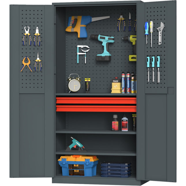 Professional Metal Tool Storage Cabinet With Pegboard 2 Drawers &Amp; 2 Shelves 900x500x1800mm | Hdgja01