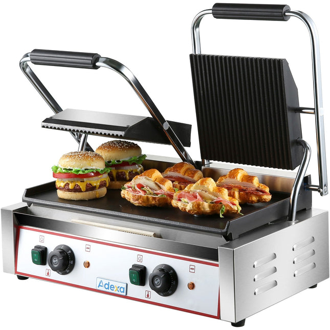 Heavy Duty Twin Panini Contact Grill Ribbed/Smooth 3.6k W Dual Zone |  Heg813 A