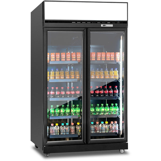 Commercial Display Refrigerator With Double Glass Door &Amp; Canopy 1000 Litres Black |  Klg1253