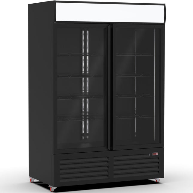 Commercial Bottle Cooler Upright 1400 Litres Double Glass Door With Led Canopy In Black |  Kxg1330 H