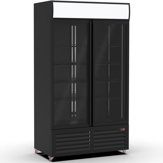 Commercial Bottle Cooler Upright 900 Litres Double Glass Door With Led Canopy In Black |  Kxg900 H