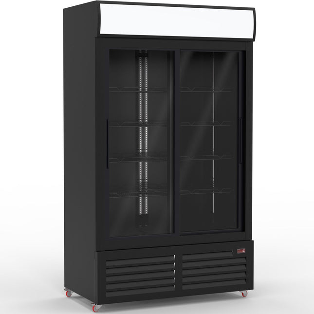 Commercial Bottle Cooler Upright 900 Litres Double Glass Sliding Door With Led Canopy In Black |  Kxg900 S
