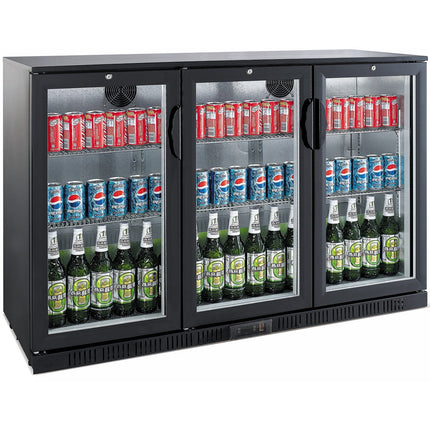 Back Bar Cooler 3 Hinged Doors 300 Litres Black, Height 850mm |  Bc03 Pp85