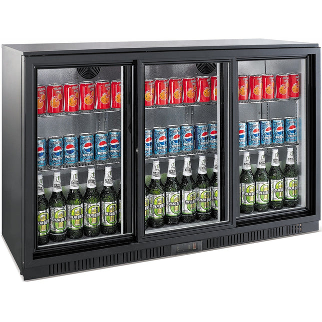 Back Bar Cooler 3 Sliding Doors 300 Litres Black, Height 850mm |  Bc03 Ps85