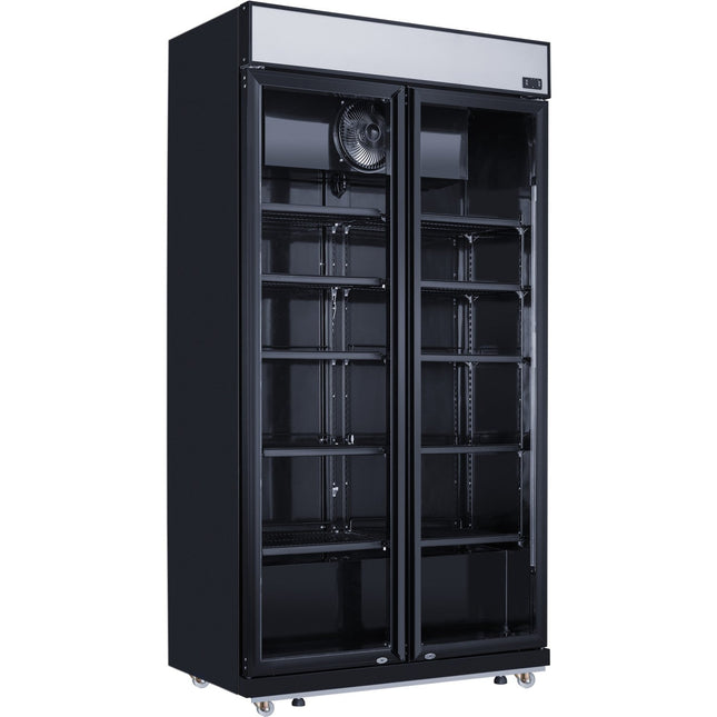 Commercial Bottle Cooler Upright 773 Litres Fan Cooling Twin Hinged Doors Black Canopy Light |  Lg805 Bblack