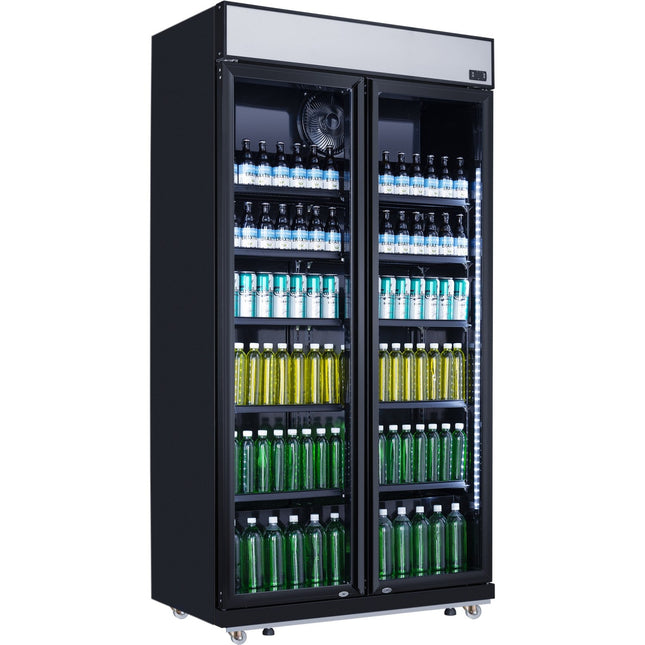 Commercial Bottle Cooler Upright 773 Litres Fan Cooling Twin Hinged Doors Black Canopy Light |  Lg805 Bblack