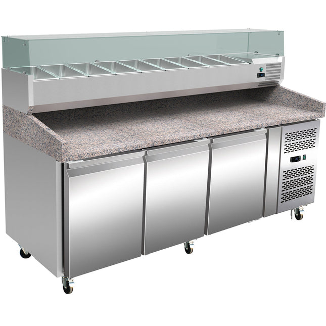 Pizza Prep Station/Counter 3 Doors Granite Top Refrigerated Counter Top Display 9x Gn1/3 Depth 150mm |  Pz36+Pt36