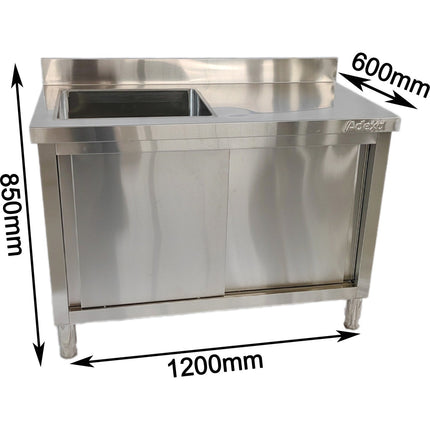 Commercial Stainless Steel Sink With Cupboard &Amp; Splashback 1 Bowl Left Side 1200x600x850mm | Qnh1002