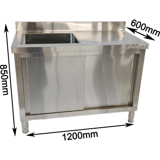 Commercial Stainless Steel Sink With Cupboard &Amp; Splashback 1 Bowl Left Side 1200x600x850mm | Qnh1002