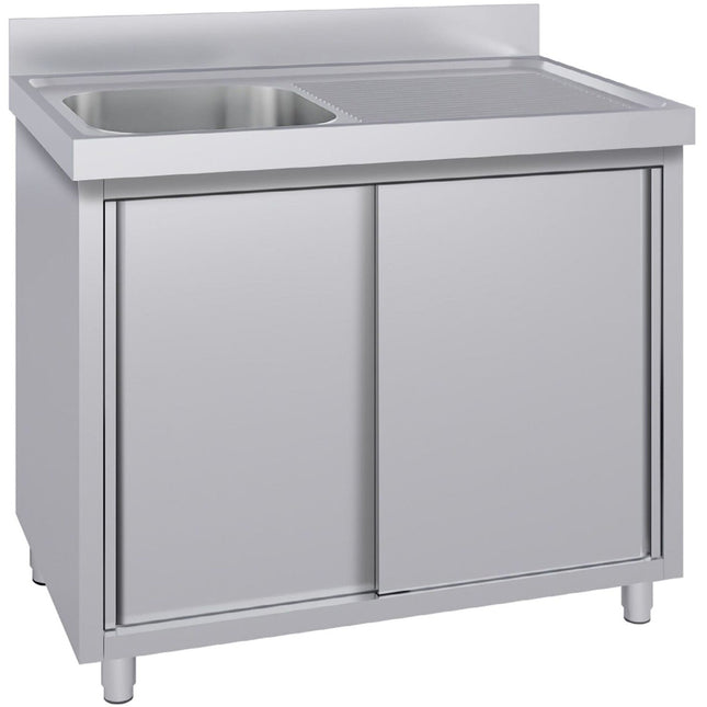 Commercial Stainless Steel Sink With Cupboard &Amp; Splashback 1 Bowl Left Side 1200x600x850mm | Qnh1002