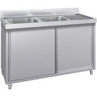 Commercial Stainless Steel Sink With Cupboard &Amp; Splashback 2 Bowls Left Side 1500x600x850mm | Qnh1008
