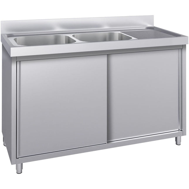 Commercial Stainless Steel Sink With Cupboard &Amp; Splashback 2 Bowls Left Side 1500x600x850mm | Qnh1008
