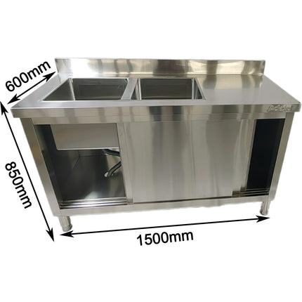 Commercial Stainless Steel Sink With Cupboard &Amp; Splashback 2 Bowls Left Side 1500x600x850mm | Qnh1008