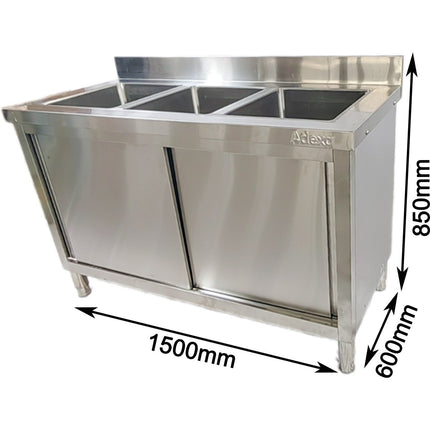 Commercial Stainless Steel Sink With Cupboard &Amp; Splashback 3 Bowls 1500x600x850mm | Qnh1010