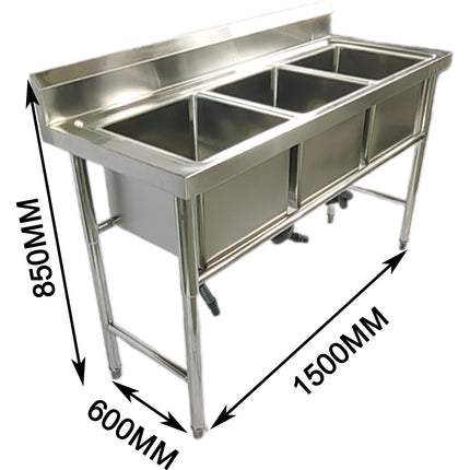 Commercial Stainless Steel Triple Sink With Splashback And Stand 1500x600x850mm | Qnh702