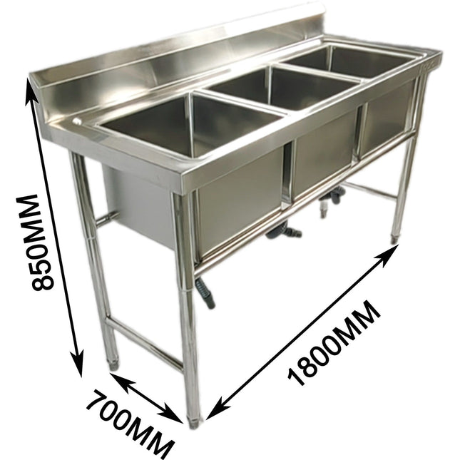Commercial Stainless Steel Triple Sink With Splashback And Stand 1800x700x850mm | Qnh708
