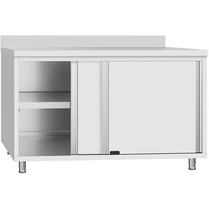 Commercial Stainless Steel Sliding Door Work Table Cabinet With Shelf And Backsplash 1500x600x950mm | Qnh804