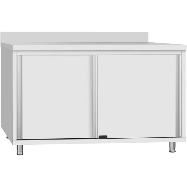 Commercial Stainless Steel Sliding Door Work Table Cabinet With Shelf And Backsplash 1500x600x950mm | Qnh804