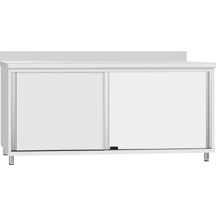 Commercial Stainless Steel Sliding Door Work Table Cabinet With Shelf And Backsplash 1800x600x950mm | Qnh806