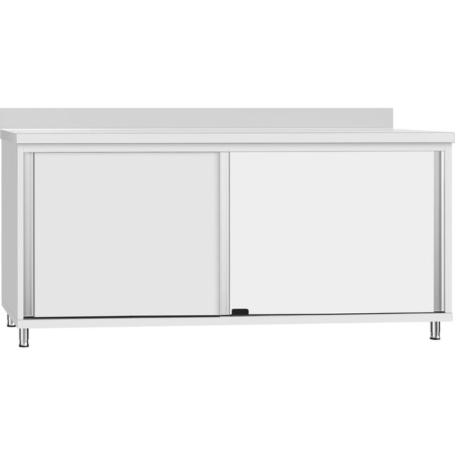 Commercial Stainless Steel Sliding Door Work Table Cabinet With Shelf And Backsplash 1800x600x950mm | Qnh806