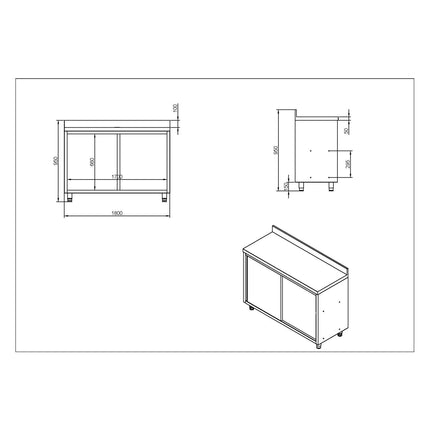 Commercial Stainless Steel Sliding Door Work Table Cabinet With Shelf And Backsplash 1800x600x950mm | Qnh806
