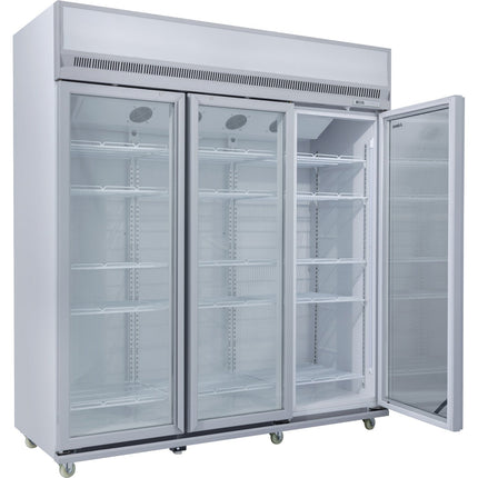 Commercial Display Refrigerator Upright 1580 Litres Triple Hinged Glass Door Led Canopy Grey |  Scm1727