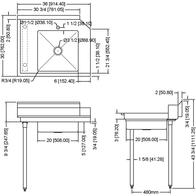 Commercial Stainless Steel Pass Through Dishwasher Table With Sink Left 914mm Width |  Sdt36 L