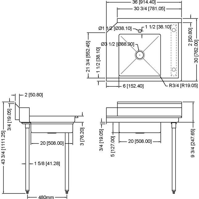 Commercial Stainless Steel Pass Through Dishwasher Table With Sink Right 914mm Width |  Sdt36 R