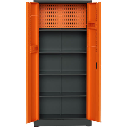 Heavy Duty Grey And Orange 2 Door Lockable Steel Tool Cabinet With 4 Shelves &Amp; Pegboard 800x400x1800mm |  Setc1 Greyorange