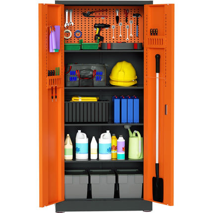 Heavy Duty Grey And Orange 2 Door Lockable Steel Tool Cabinet With 4 Shelves &Amp; Pegboard 800x400x1800mm |  Setc1 Greyorange