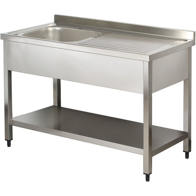 Commercial Sink Stainless Steel 1 Bowl Left Bottom Shelf Splashback 1200mm Depth 700mm |  Thstr127 Bl1