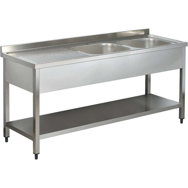 Commercial Sink Stainless Steel 2 Bowls Right Bottom Shelf Splashback 1600mm Depth 700mm |  Thstr167 Br2