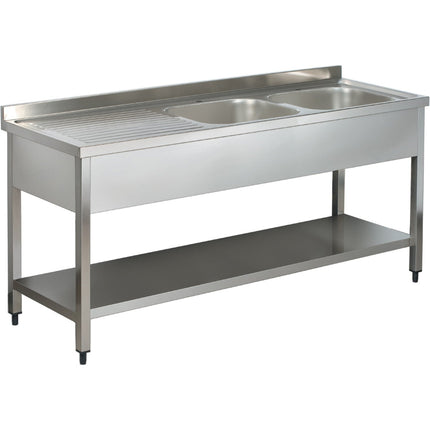 Commercial Sink Stainless Steel 2 Bowls Right Bottom Shelf Splashback 1400mm Depth 700mm |  Vs147 Rbt